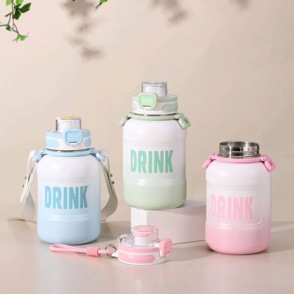 Stainless Steel Belly Cup water bottle for Kids | with straw & Adjustable Strap | Double wall Insulation | Push Lock Button & Leak-Proof | 500 Ml | Assorted Colors | Box Packing - Image 3