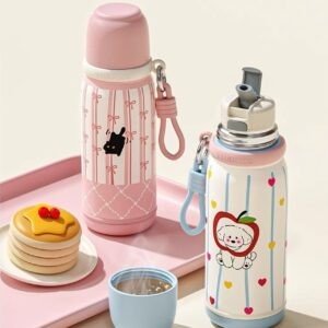 Adorable pink and cream thermos bottles with cartoon dog and bunny prints, leak-proof and child-friendly, perfect for kids school and travel use.