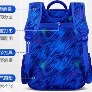 A blue backpack with a lightning bolt pattern and mesh side pockets.