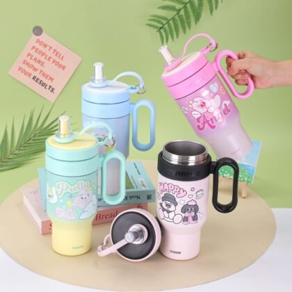 Cute Kawaii Printed Insulated Tumbler Cum Sipper with Handle & Straw | 850 ML | Leakproof with Infuser | Stainless Steel | Assorted Colors | Box Packing