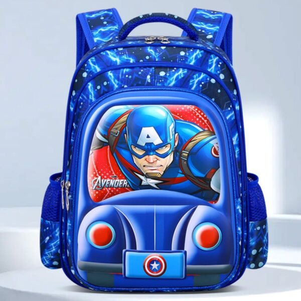 A vibrant blue backpack featuring a 3D image of Captain America flying in a car. This backpack set of Grey color background