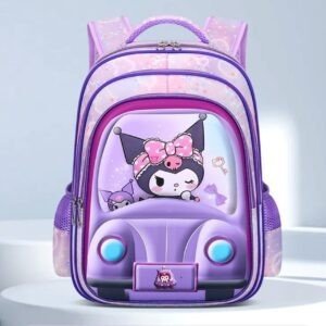 A purple color backpack sets on a Grey color background with Kuromi Character printed on it driving a car