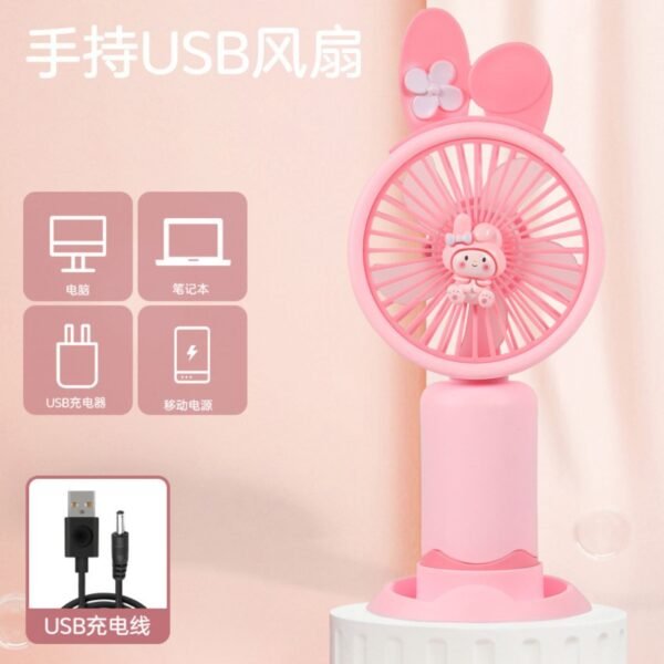 Cute Kawaii Fan with USB Cable & Mobile Stand | Rechargeable | 14 Cm | Hand Fan | Compact & Portable | Assorted Designs | Box Packing - Image 2