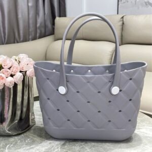 Gray perforated tote bag with two handles and white button accents