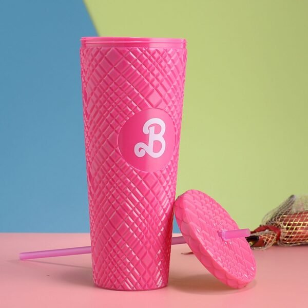 Acrylic Barbie Theme Tumbler with Straw | 2pcs Set | 1200+700 ML | Airtight & Leakproof | Secure Cap | Pink Color | Box Packing - Image 3