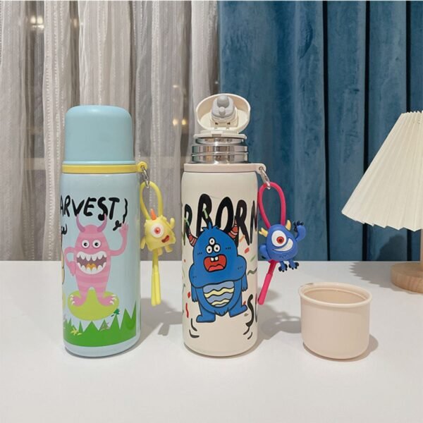 Stainless Steel Kawaii Theme Water Bottle with Attachable Keyring | 500 ML | Leakproof & Airtight | Double wall Insulations | Assorted Colors & Prints | Box Packing - Image 2