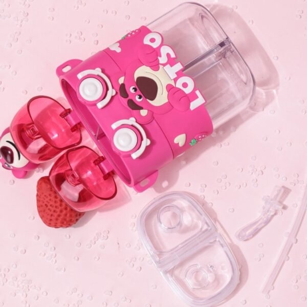 Disassemble Lotso themed double water bottle showing its individual components, including the pink bottle holder, strawberry shaped caps, transparent lids and drinking straws laid out on a pink background