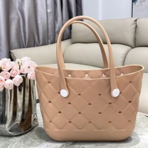 Brown perforated tote bag with two handles and white button accents.