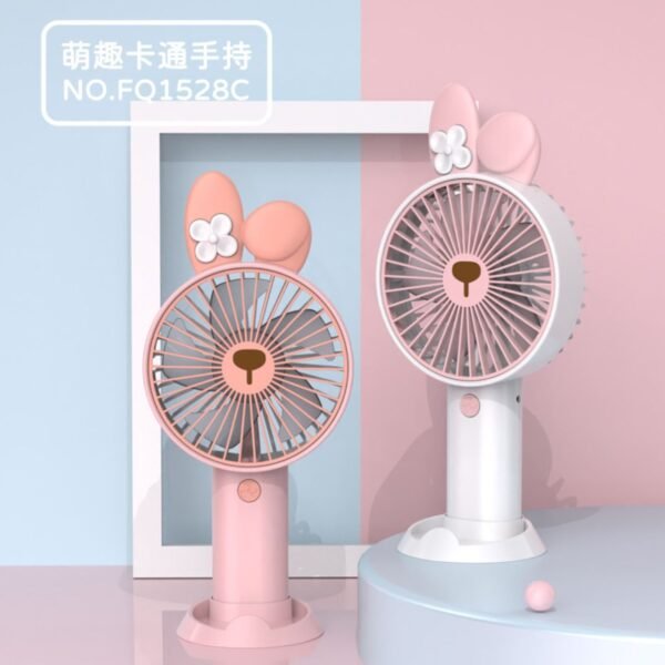 Cartoonish pink and white handheld fans with bunny ears and a cute bear face on the front, foldable for easy easy storage.