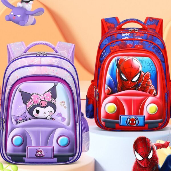 Two colorful children's backpacks are displayed side by side. The purple backpack feature a cute character driving a car, while the red backpack showcases Spiderman with a car design.