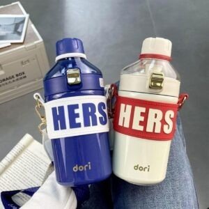 Stainless Steel Thermos Flask blue & white color on hand with decorative background