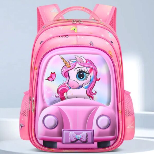 A vibrant pink backpack featuring a 3D image of unicorn driving a car on Grey background