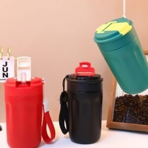 Insulated coffee cups in red, black and green with a sturdy design, secure lids, and convenient wrist straps for easy carrying