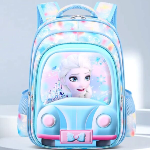 A vibrant blue backpack featuring a 3D image of Elsa from Frozen driving a car.