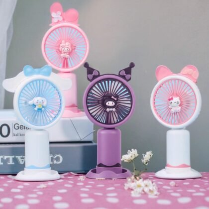 Cute Kawaii Fan with USB Cable & Mobile Stand | Rechargeable | 14 Cm | Hand Fan | Compact & Portable | Assorted Designs | Box Packing