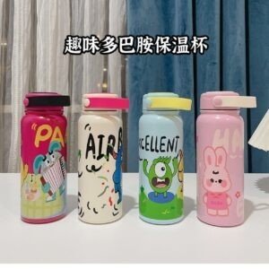 A set of four colorful thermal water bottles with cartoon designs, featuring different characters and playful text. The bottles are displayed on a white table with curtain backdrop