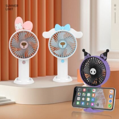 USB Hand Fan with Mobile Stand & Charging Cable | Kawaii Theme | Rechargeable | 14 CM |  Compact & Portable | Assorted Colors & Designs | Box Packing