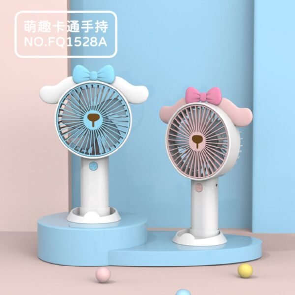 Cartoonish pink and blue handheld fans with dog ears and bows, and a cute dog face on the front. Placed on podium blue color background