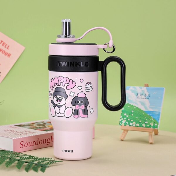 Cute Kawaii Printed Insulated Tumbler Cum Sipper with Handle & Straw | 850 ML | Leakproof with Infuser | Stainless Steel | Assorted Colors | Box Packing - Image 6