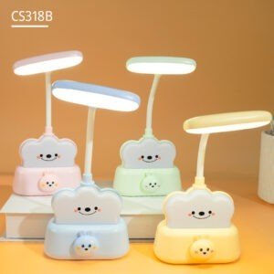 Set of four cartoonish table lamps with cloud shaped bases and animal characters on each, illuminated by bright LED lights. Available in pink, blue, green and yellow.