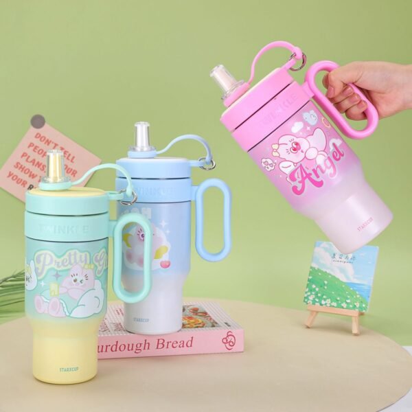 Cute Kawaii Printed Insulated Tumbler Cum Sipper with Handle & Straw | 850 ML | Leakproof with Infuser | Stainless Steel | Assorted Colors | Box Packing - Image 2