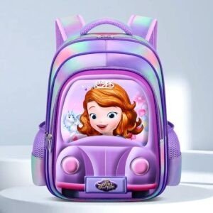 A backpack with holographic multicolor with Sofiya driving the car a unicorn in the back side of Sofiya. Set on Grey color background