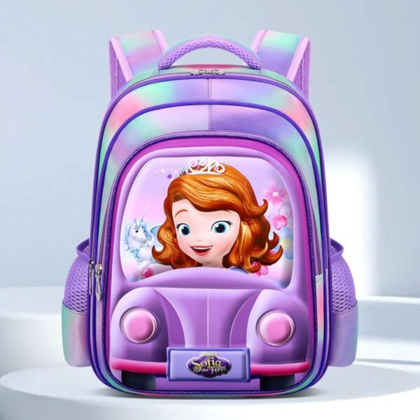 A backpack with holographic multicolor with Sofiya driving the car a unicorn in the back side of Sofiya. Set on Grey color background