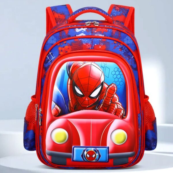 A red color backpack with blue bolt pattern, and a 3D image of Spiderman driving a car with action. Set of grey color background