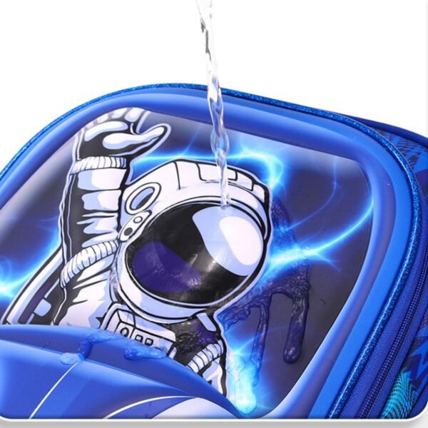 Close up look of blue color astronaut 3d backpack, showcasing the water proof feature of the backpack on white color background