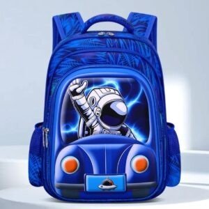 A blue backpack with an astronaut driving a car and a UFO. Set on grey background