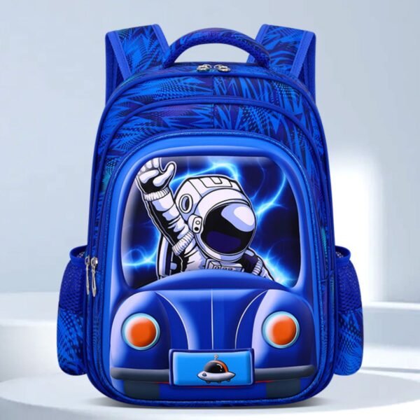 A blue backpack with an astronaut driving a car and a UFO. Set on grey background