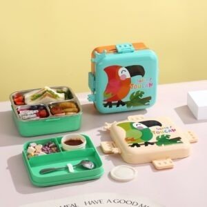 Bird Bento Lunch Box Bird prints and showing inner compartments with decorative background