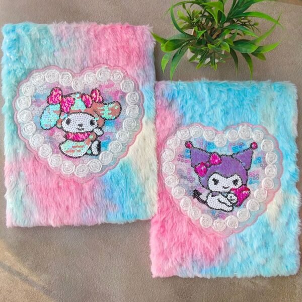 Kawaii Fur Sequins Notebook different colors & designs with decorative background