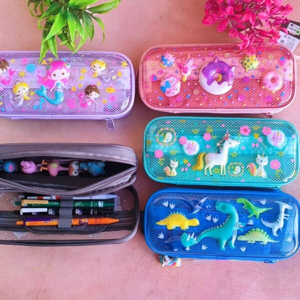 Hard Shell Pencil Case for Kids | 3D Cartoon Embossed | 2 Compartment | Zip Closure | 10x23x6 Cm | Assorted Colors | Blister Packing - Image 2