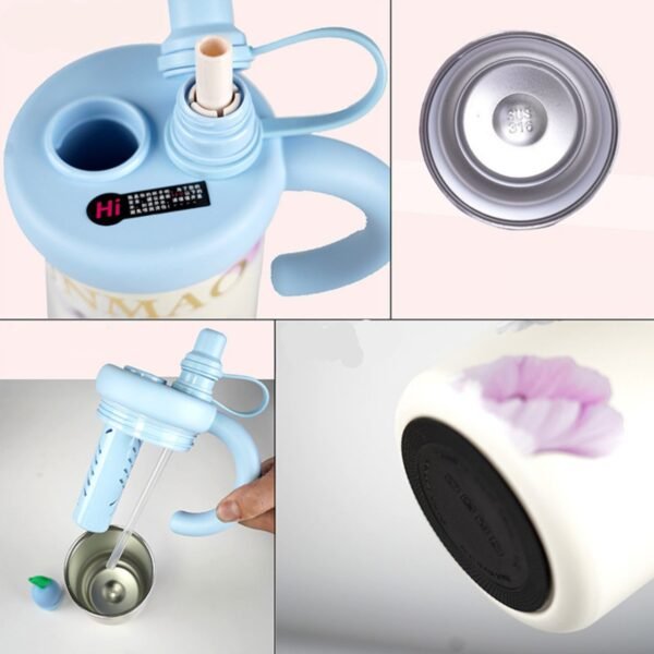 Collage of Light Blue Water Bottle Features - Top with Straw, Stainless Steel Interior, Bottle, Disassembled, and Non-Slip Base.