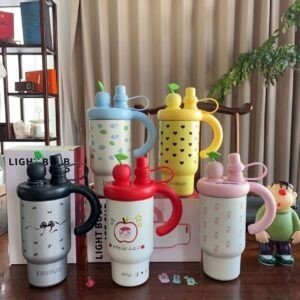 Kawaii Printed Insulated Tumbler Different colors on table with decorative background