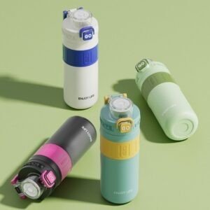Colorful "ENJOY LIFE" water bottles with GO button lids in vibrant modern tones, ideal for daily hydration, sports, school and travel use.