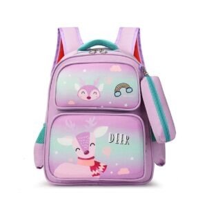 Oxford Kids School Backpack purple color with Deer printed on white background