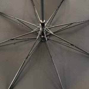 Underside view of a black umbrella showing its frame, ribs and central pole.