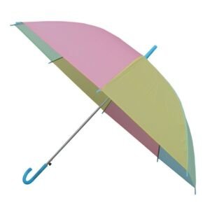Open pastel umbrella with pink, yellow and light blue panels.