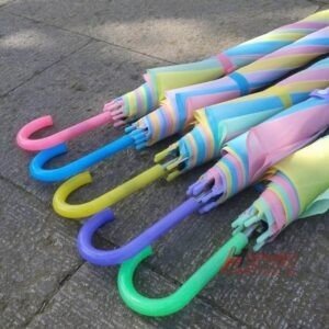 Five colorful striped umbrellas with pink, blue, yellow, purple and green handles.