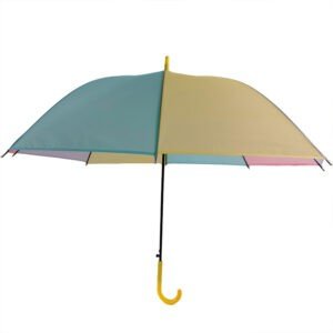 Rainbow umbrella with alternating panels of light blue, pale yellow, light pink, and darker yellow, featuring a bright yellow handle and top and a black shaft on white background