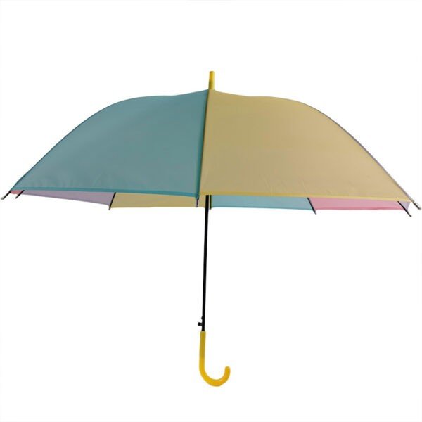 Rainbow umbrella with alternating panels of light blue, pale yellow, light pink, and darker yellow, featuring a bright yellow handle and top and a black shaft on white background