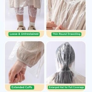 Close-up of imported disposable raincoat details for wholesale buyers: Comfortable fit, adjustable hood, secure sleeves, complete head protection.