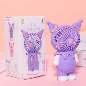Purple portable handheld fan shaped like a cartoon character with ears and bows, shown next to its packaging box displaying other color variations.
