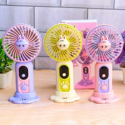 Cute Character Theme USB Hand Fan for Kids with USB Cable & Mobile Stand | | Rechargeable & Compact | 9 Wind Speed | 18 Cm | Assorted Colors | OPP Packing