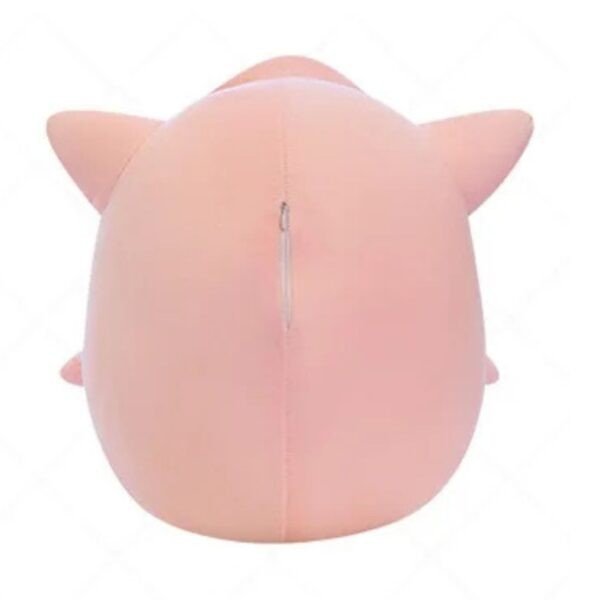 Back view of Jigglypuff plush toy. Pink Pokemon stuffed animal with zipper. Soft toy with hidden closure