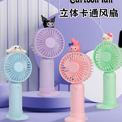 Cute Character Theme USB Rechargeable Hand Fan for Kids with Mobile Stand & USB Cable | 3 Wind Speed | Portable Mini Fan | 18 Cm | Assorted Colors | Box Packing