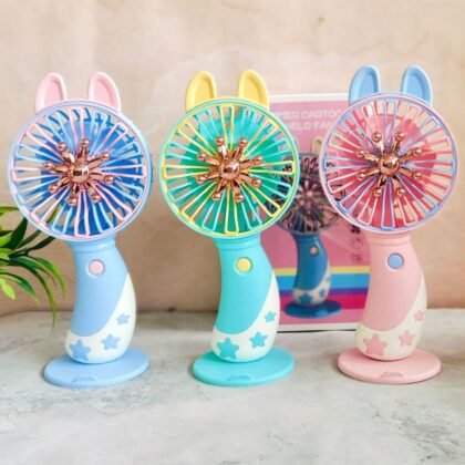 Cute Bunny Ear USB Rechargeable Hand Fan with Mobile Stand & USB Cable | 18 Cm | Compact & Portable | Assorted Colors | Box Packing