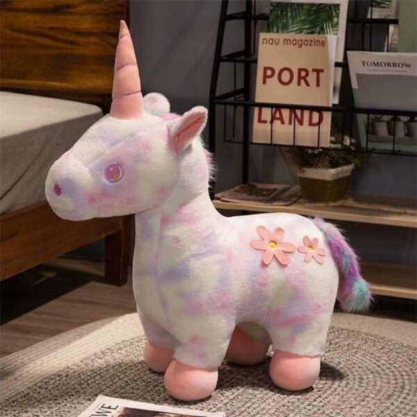Unicorn Plush Toy rainbow colors with decorative background